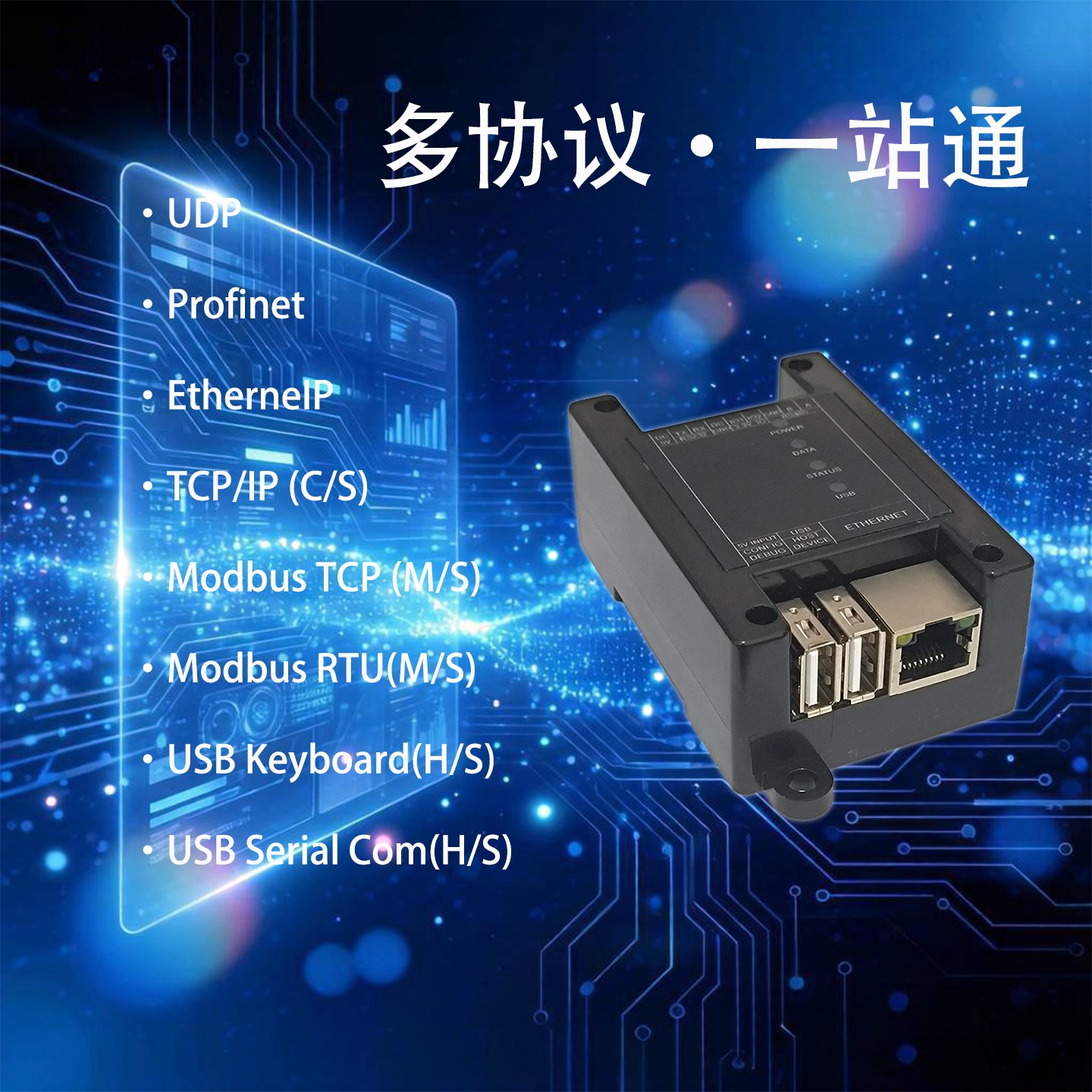 多协议一站通：UDP、Profinet、EtherNet/IP、TCP/IP、Modbus TCP/RTU、USB 协议列表